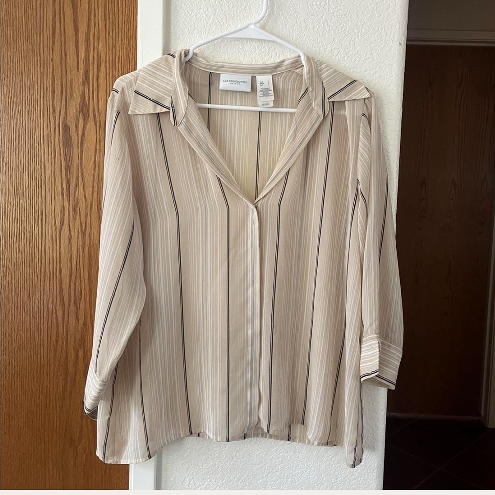 Liz Claiborne Beige Black Pinstripe Blouse